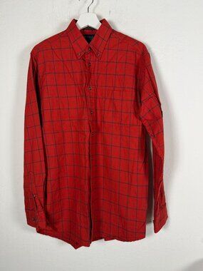 Viyella Patrick James Mens Button Down Shirt Red Windowpane Plaid Flannel Medium